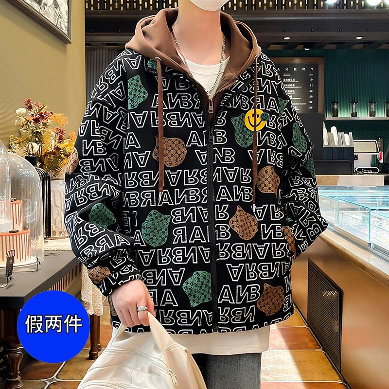 青少年秋季新款水洗印花牛仔外套港风宽松休闲帅气假两件学生夹克