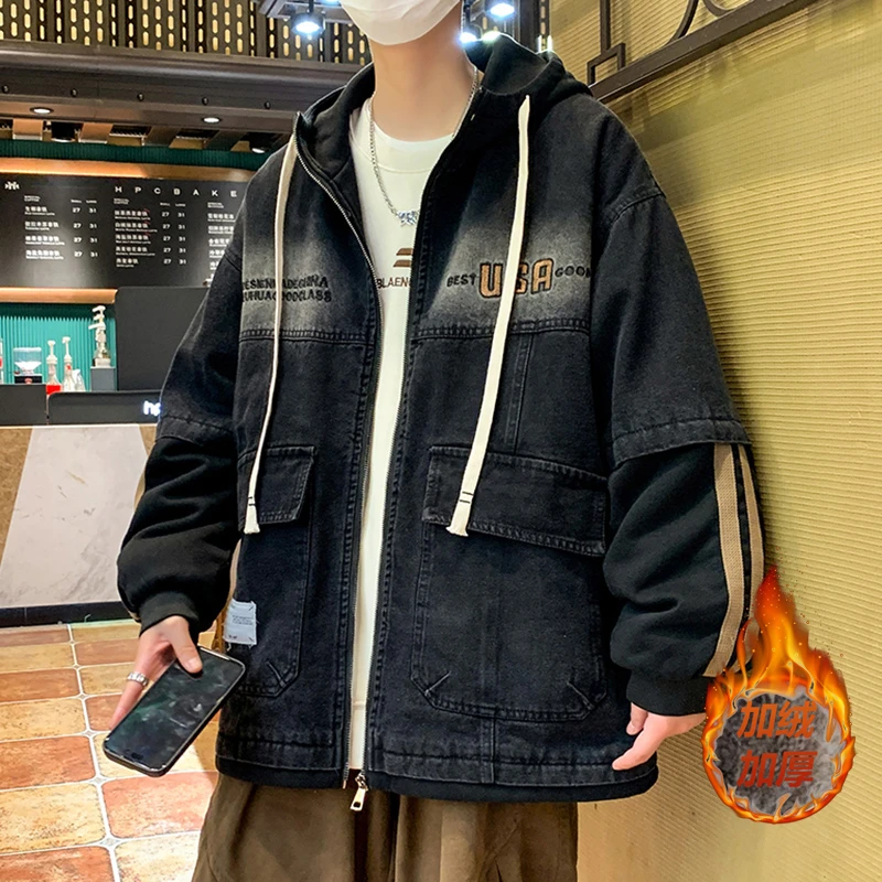 青少年学生冬季新款帅气连帽加绒外套潮流宽松牛仔保暖棉服夹克男