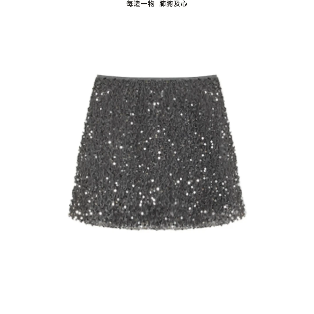新款高腰a字版短裙時尚洋气好看亮片显瘦半身裙女8201黑色裙子