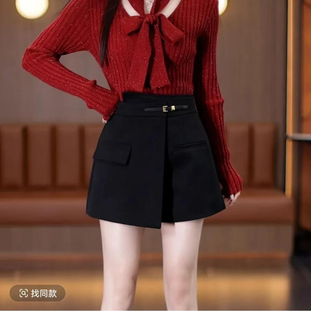 2024秋冬新款黑色高腰显瘦短裤裙韩系别致设计百搭休闲时尚裙裤