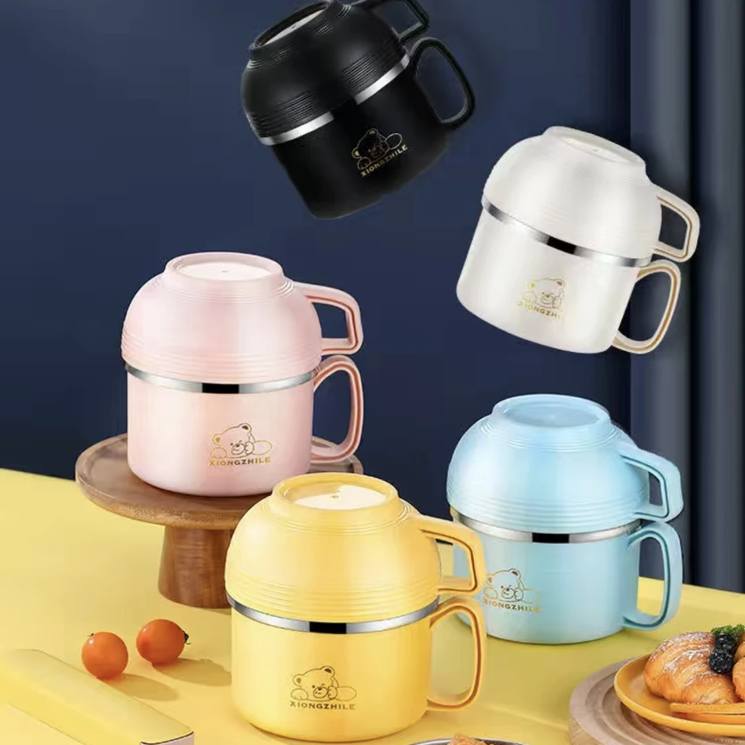 日式304不锈钢快餐杯学生上班族餐碗保温饭盒带粥自带汤碗饭缸