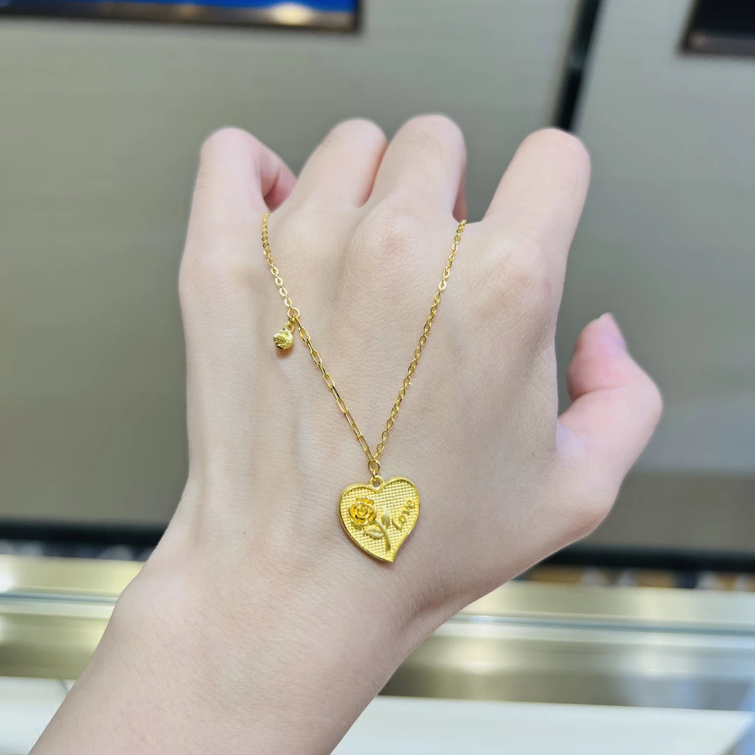 足金999黄金首饰5G足金玫瑰爱心牌黄金项链TL30505