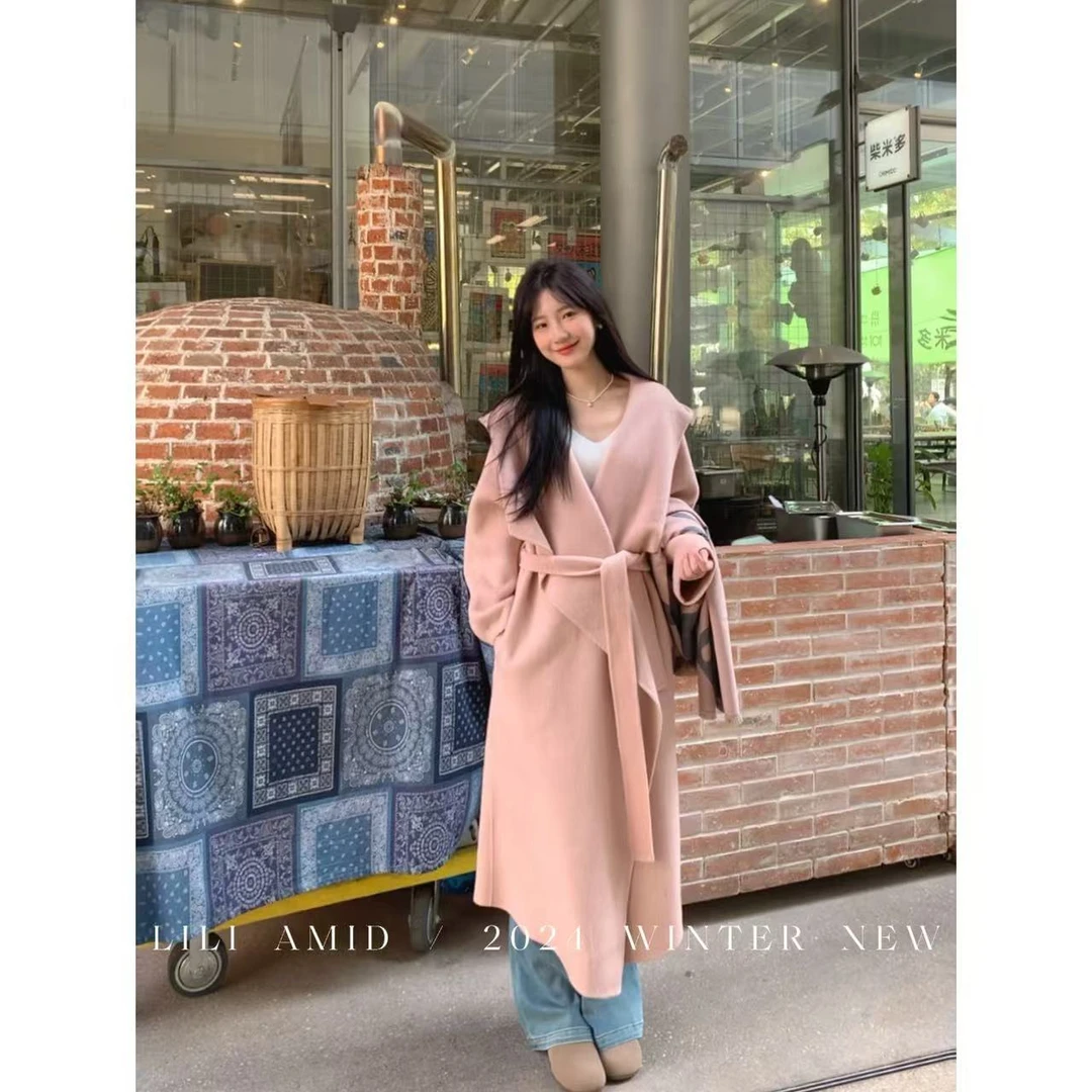 【粉雾海】连帽毛呢外套中长款宽松慵懒风大翻领毛衣外套 LR019