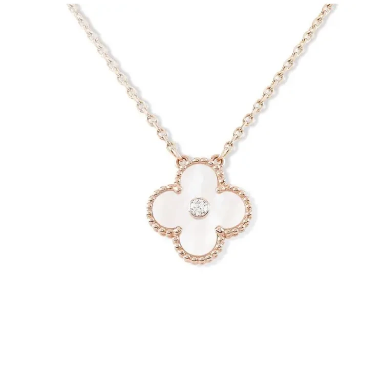 99新 梵克雅宝 VCA Vintage Alhambra 系列 白贝母圣诞四叶草项链