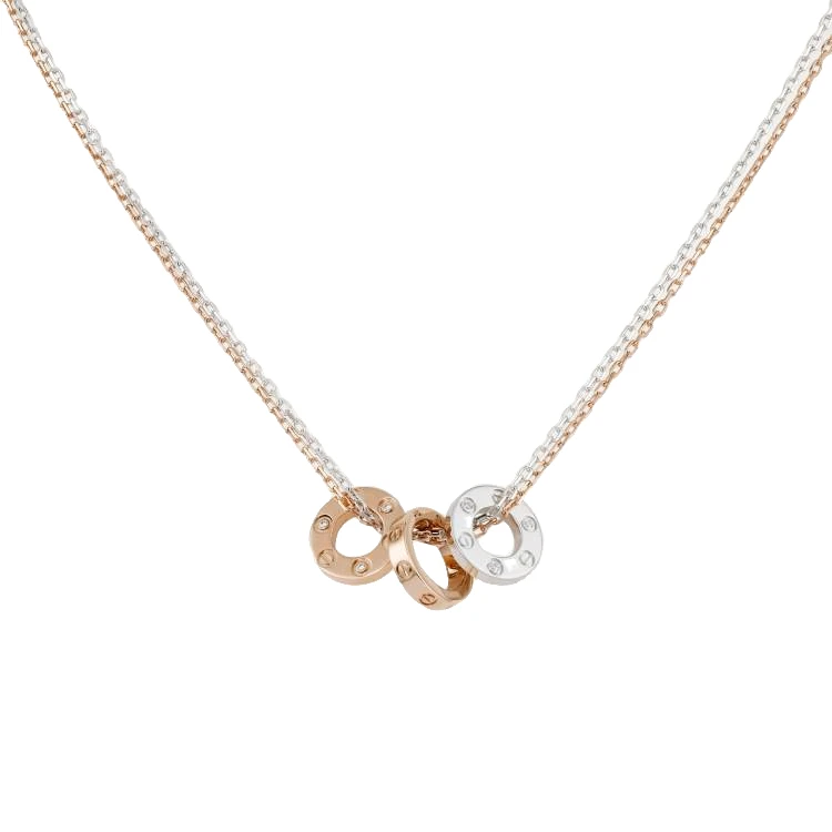 99新 Cartier/卡地亚 LOVE系列 白金/玫瑰金双色镶钻双链圆饼项链