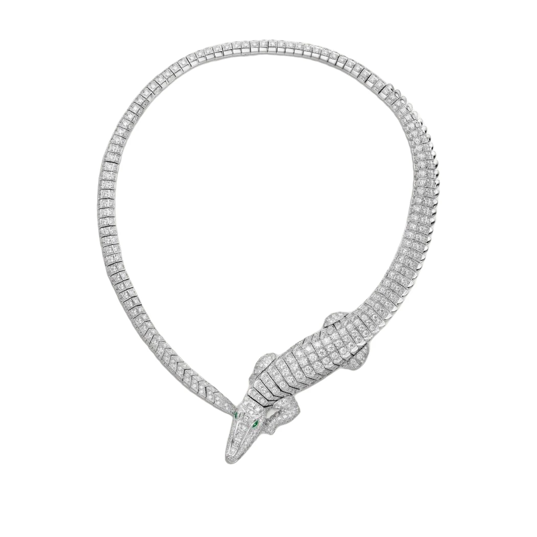 99新 Cartier/卡地亚 FAUNA AND FLORA 白金复古鳄鱼满镶钻石项链