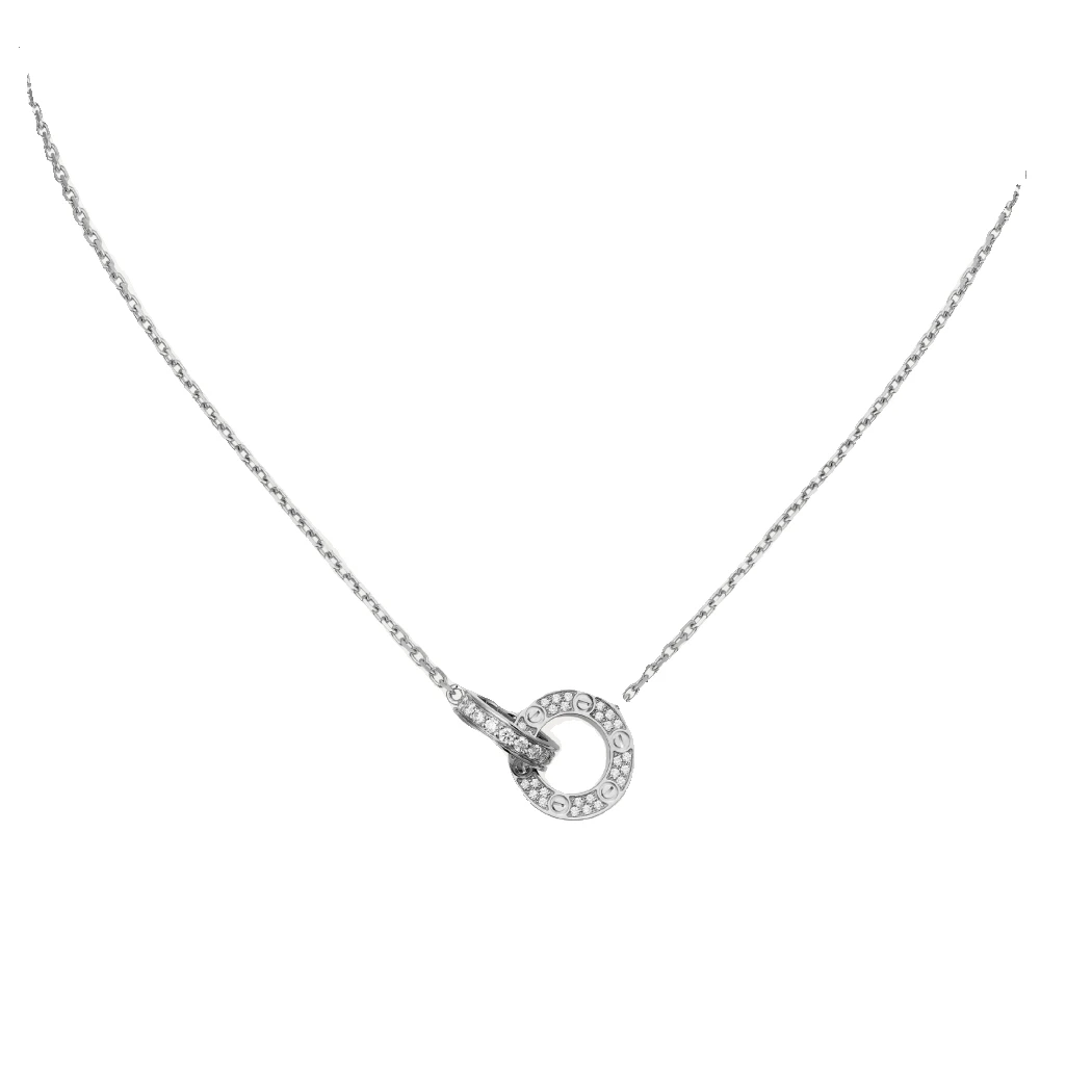 99新 Cartier/卡地亚 LOVE系列  经典白金色双环满钻小圆饼项链