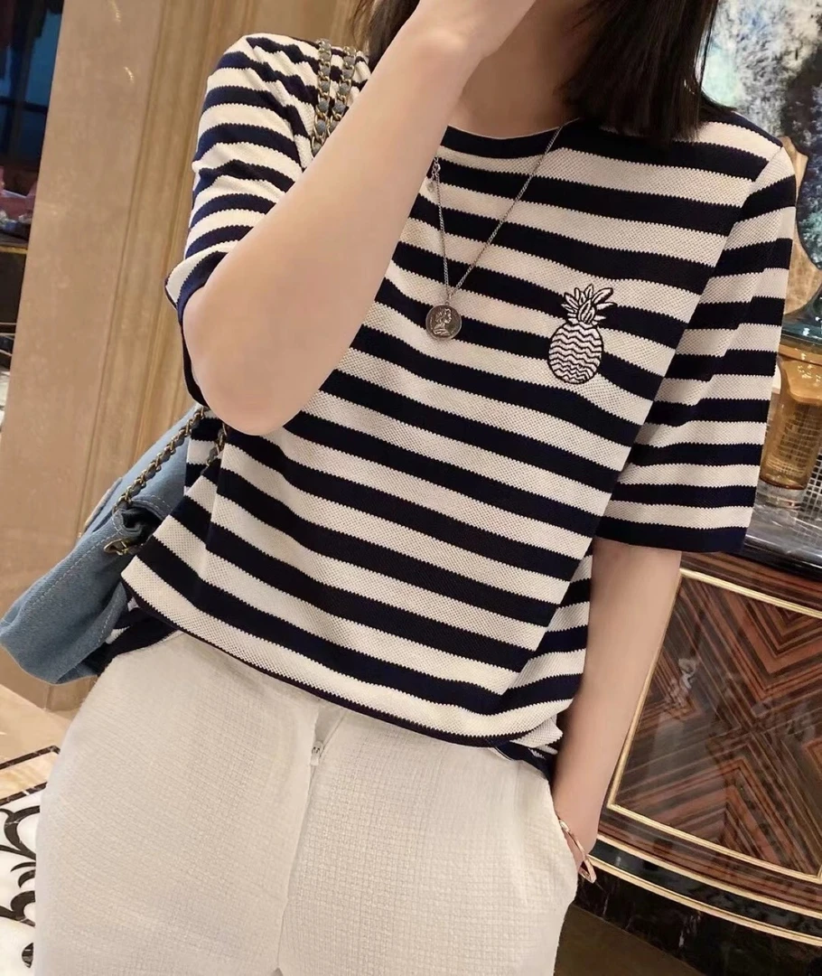 【菠萝短袖】针织衫女装新款夏季条纹洋气上衣爆款百搭宽松 J040