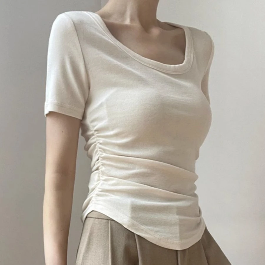 美式复古褶皱设计感T恤女夏弧形下摆打底纯欲风修身短袖别致上衣