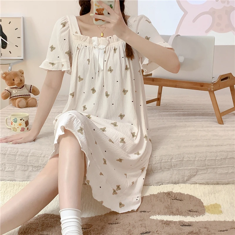 睡裙女生夏季套头短袖睡衣加肥加大码250斤家居服连衣裙黑点小熊