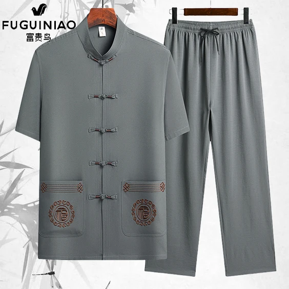 富贵鸟唐装男中老年短袖冰丝夏装中国风套装夏季爷爷装父亲两件套