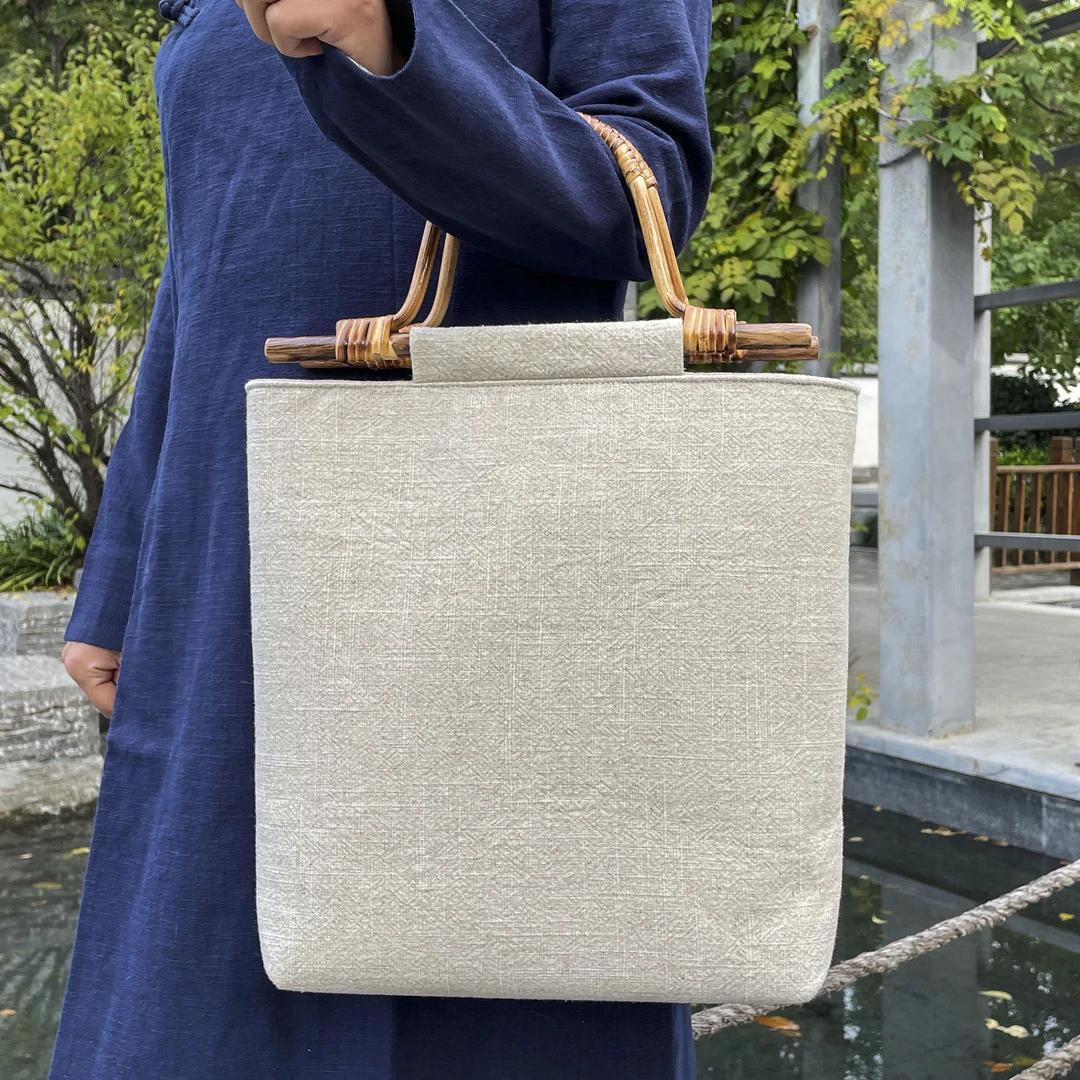 原创手工棉麻托特包简约文艺手拎包藤竹提手大包