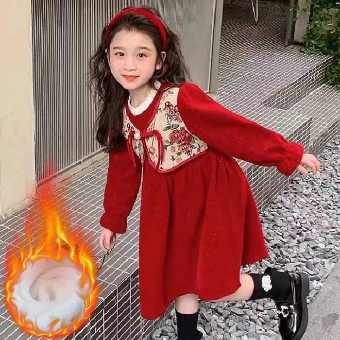 加绒女童连衣裙2024新年红色旗袍女孩复古新中式拜年服国风洋气