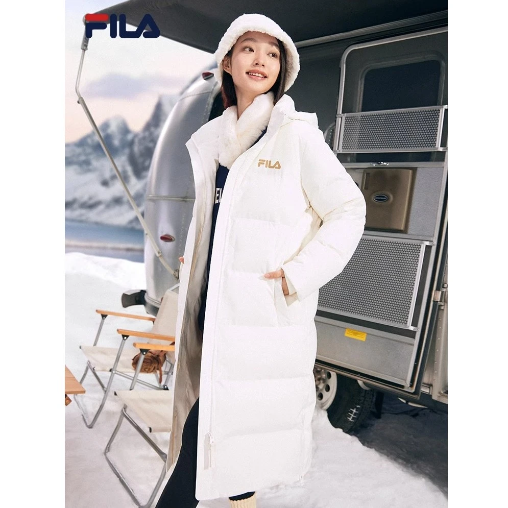 【斐护科技】FILA/斐乐保暖女士中长款冬季休闲连帽运动羽绒服
