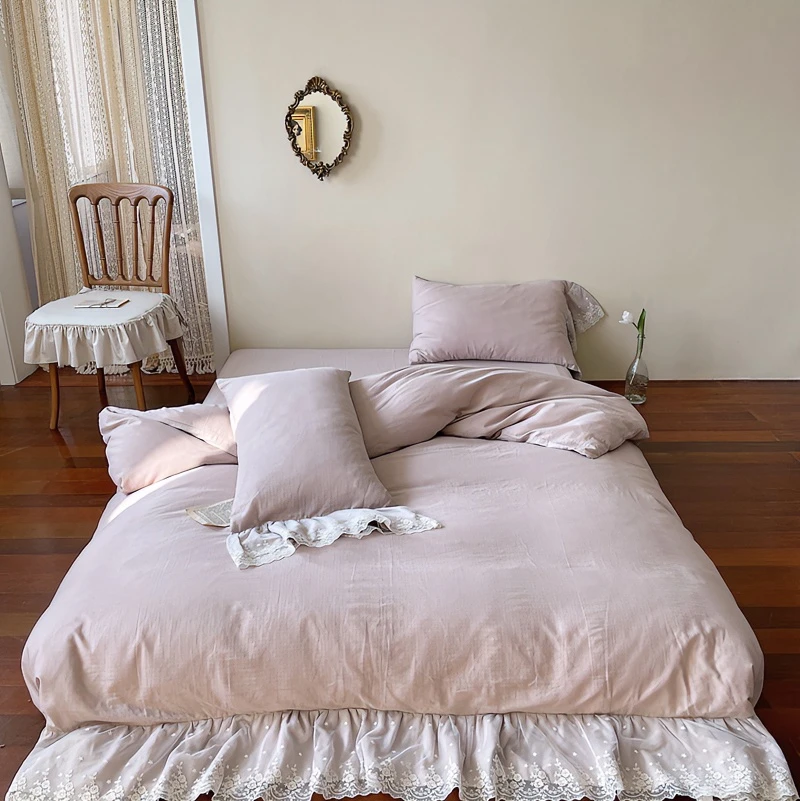 双层纱 A类轻奢全棉双层纱法式纯色鱼尾双层蕾丝四件套气质优雅款