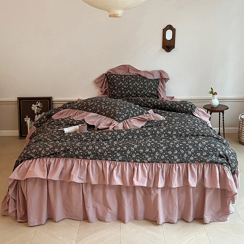 公主风韩式罩床单床单被荷叶边公主风韩版韩式罩床纯棉四件套