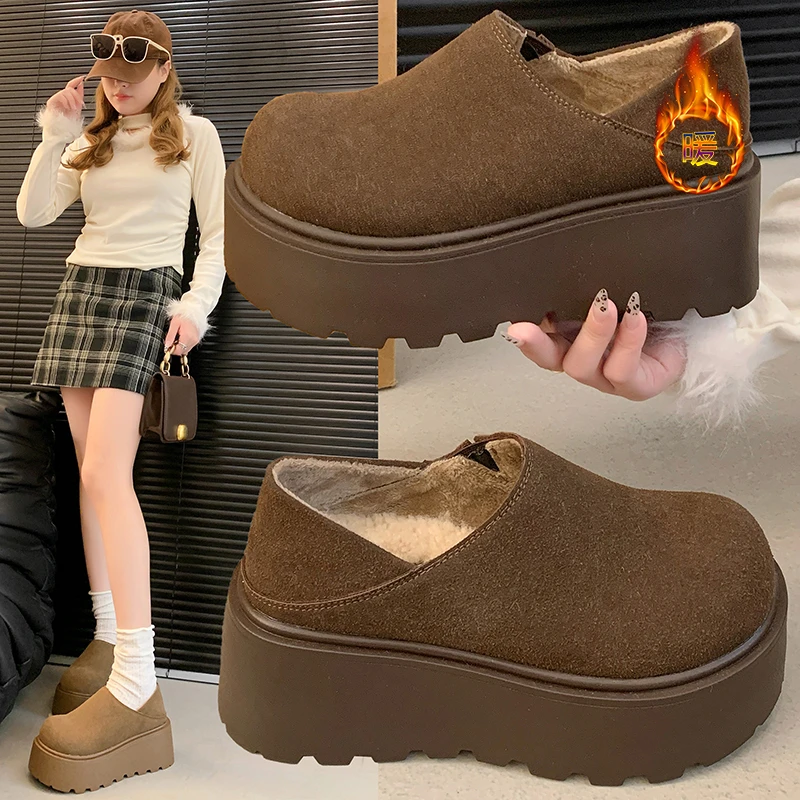 芒果头大头厚底坡跟松糕两穿小个子乐福鞋一脚蹬加绒棉瓢鞋博肯女