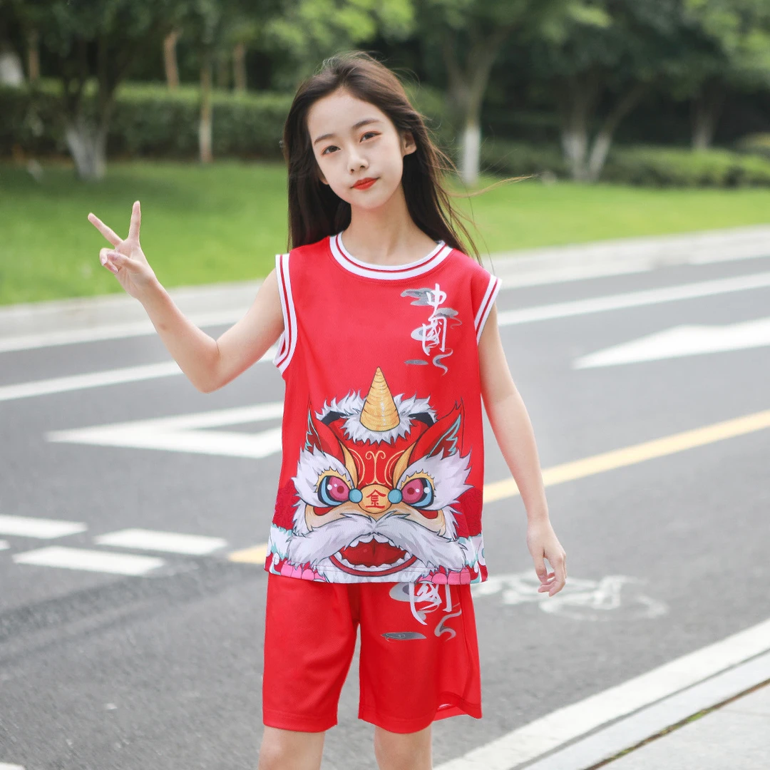 【4R861】女童运动套装夏季中大童中国风透气儿童篮球衣服训练服