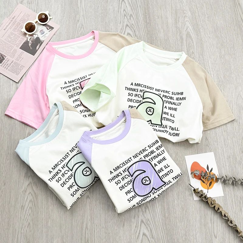 2024夏季新款时尚潮流儿童圆领套头短袖印花拼色宽松T恤-ST034