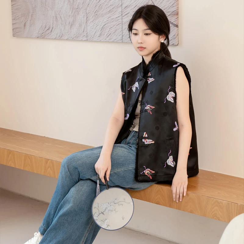 【庄周梦蝶】2410A新中式盘扣水貂香云纱双面天鹅绒小母貂女士马甲