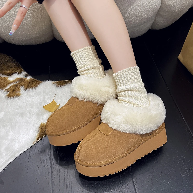 厚底牛皮雪地靴女2024新款冬季一体真皮加绒加厚二棉鞋毛毛棉靴子