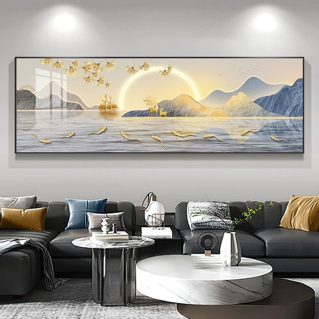 背靠金山挂画新中式沙发背景墙金色山水装饰画轻奢客厅壁画晶瓷