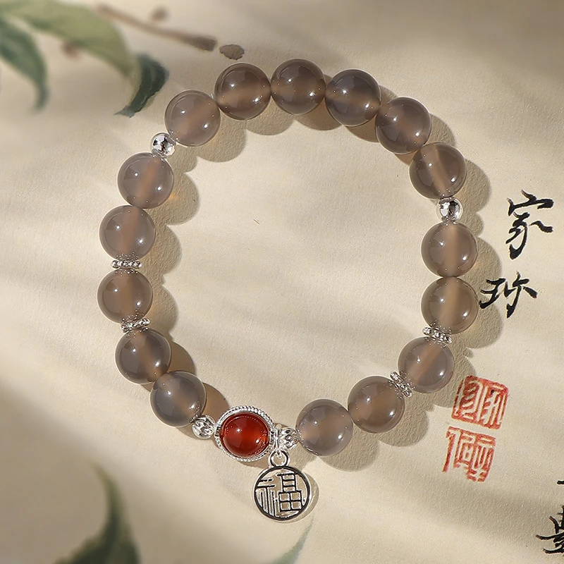 【甄选】天然A级冰透灰玛瑙搭配-S925银镶嵌殷红玛瑙