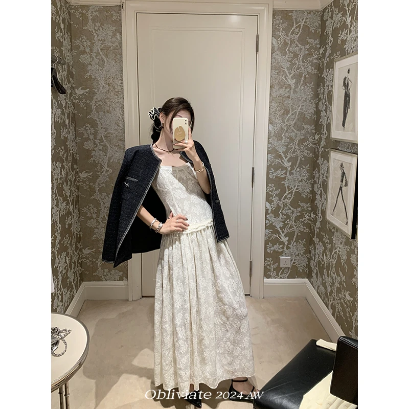 一忘皆空 矜贵疏离’蕾丝花朵吊带连衣裙女秋季白色气质内搭长裙