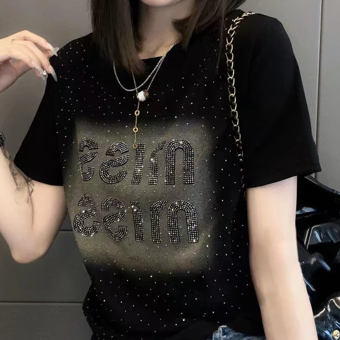 2025夏季凉感T恤纯棉轻奢字母烫钻短袖修身显瘦时尚休闲百搭上衣