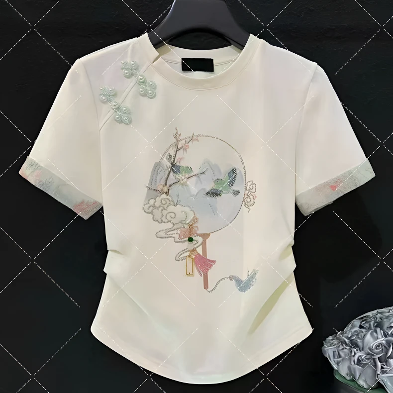 气质半袖圆领轻奢短袖女2025新款时尚小众抽褶上衣中国风t恤女款