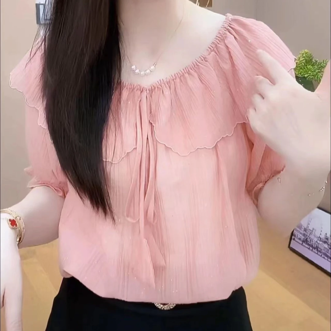 减龄超仙年轻洋气气质2025荷叶边上衣女夏季爆款法式时尚雪纺女士