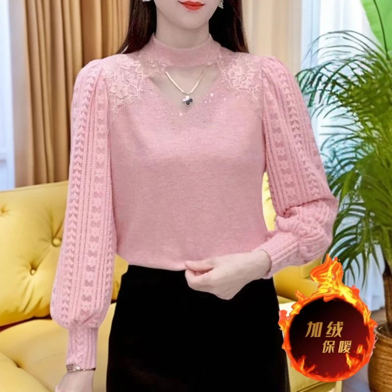 新款2025加绒加厚蕾丝打底衫洋气时尚百搭高领拼接气质女款