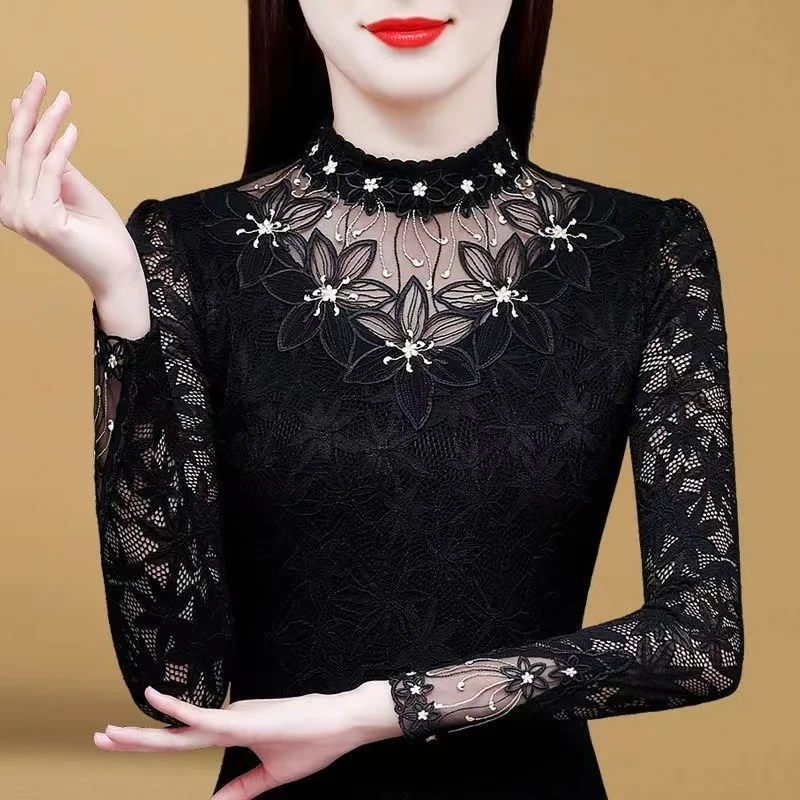 半高领蕾丝打底衫女长袖2025时尚加厚女款气质服装保暖上衣洋气