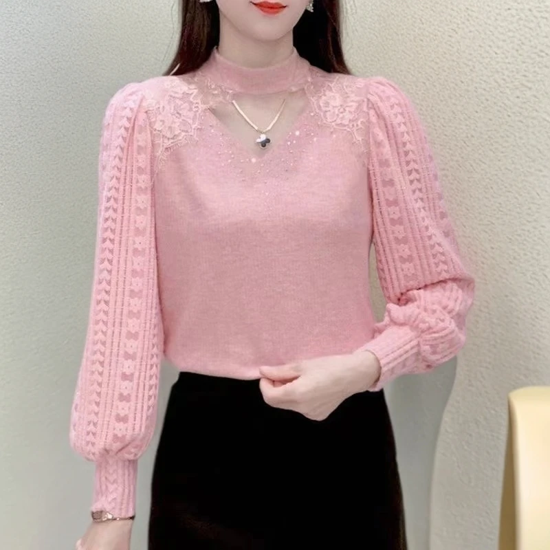 女款爆款2025洋气时尚百搭高领拼接加绒加厚蕾丝打底衫洋气衣服女