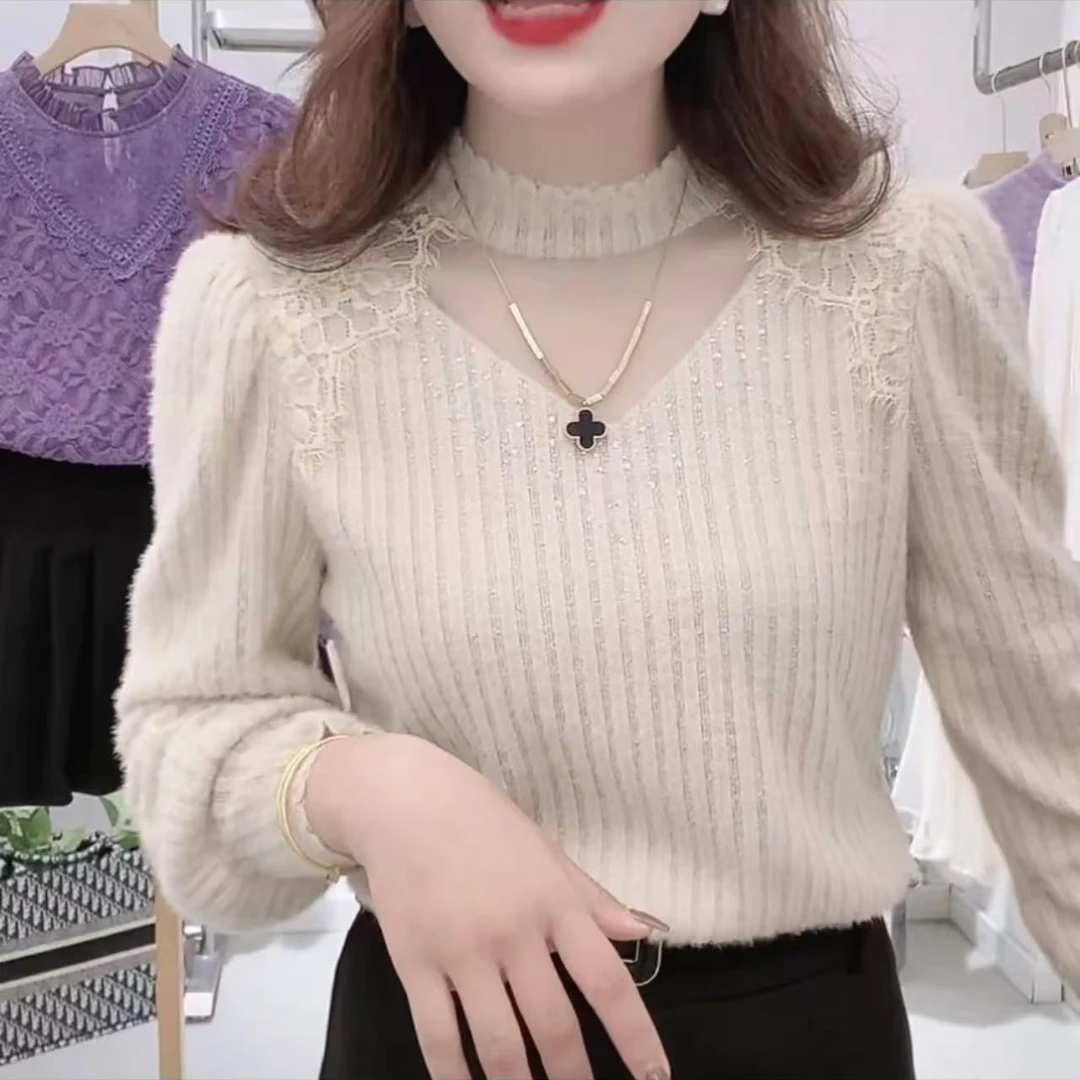 2025冬季新款气质蕾丝打底衫加绒长袖高档女洋气显瘦百搭拼接上衣