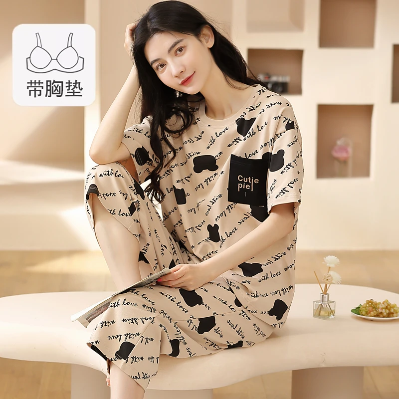 睡衣女套装夏季纯棉2024薄款短袖七分裤圆领韩版可外穿休闲家居服