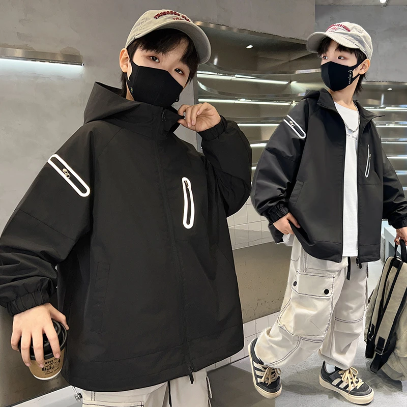 男童春装外套2024新款大潮童宽松连帽风衣春秋款帅气男孩休闲夹克