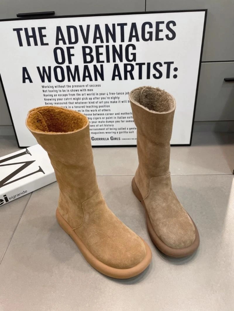 欧货2025爆款纯皮两穿翻边平跟中筒靴女冬翻加绒雪地靴保暖棉靴