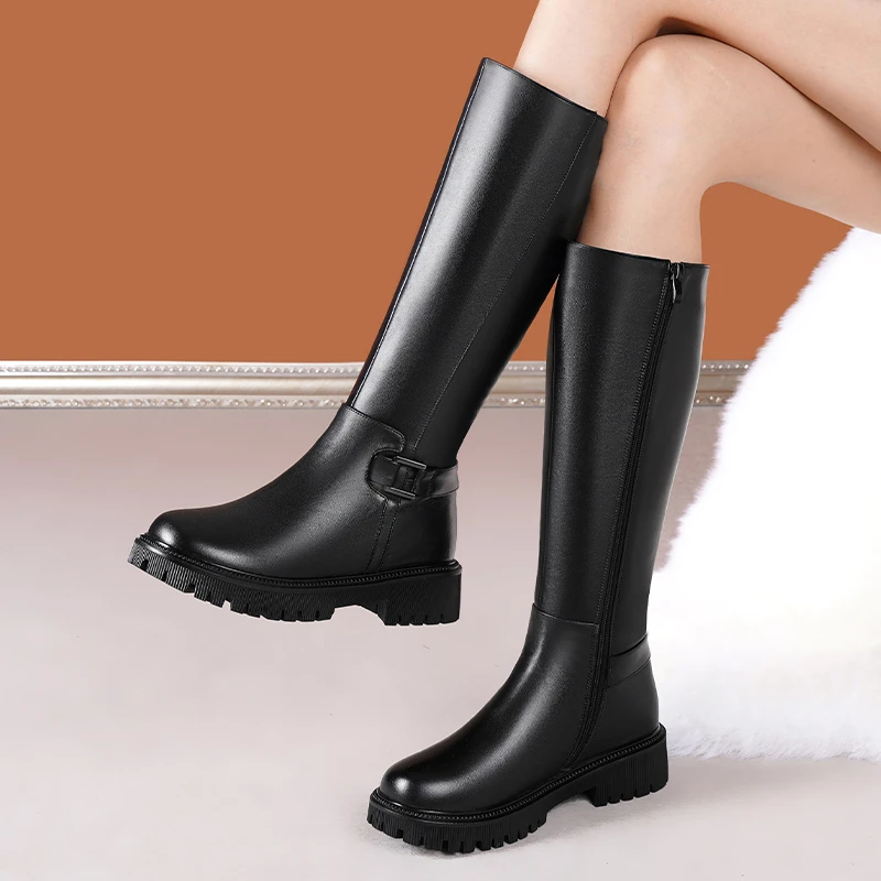 真皮2023冬季加绒保暖绵羊毛长筒靴粗跟骑士靴女款厚底高筒靴棉鞋