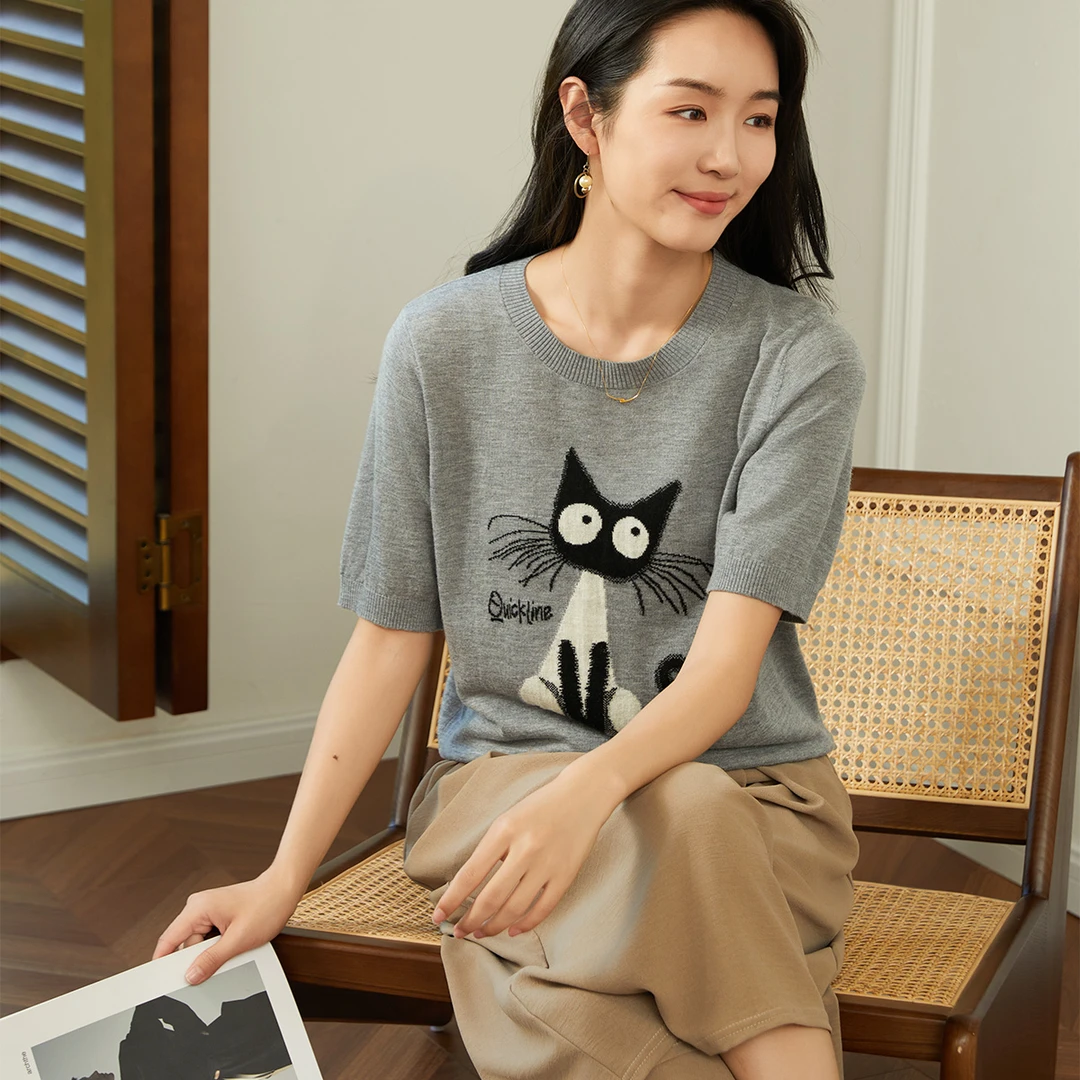 【卡通猫咪短袖】纯色百搭猫咪夏季新款薄款宽松提花上衣女针织衫