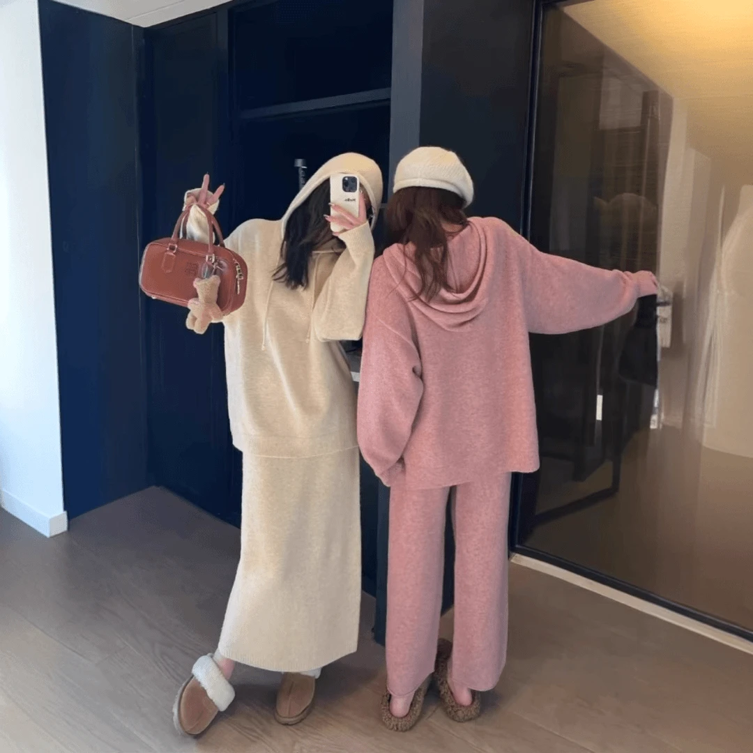 2025秋冬新款高级感慵懒风连帽开衫针织衫毛衣宽松阔腿裤套装女