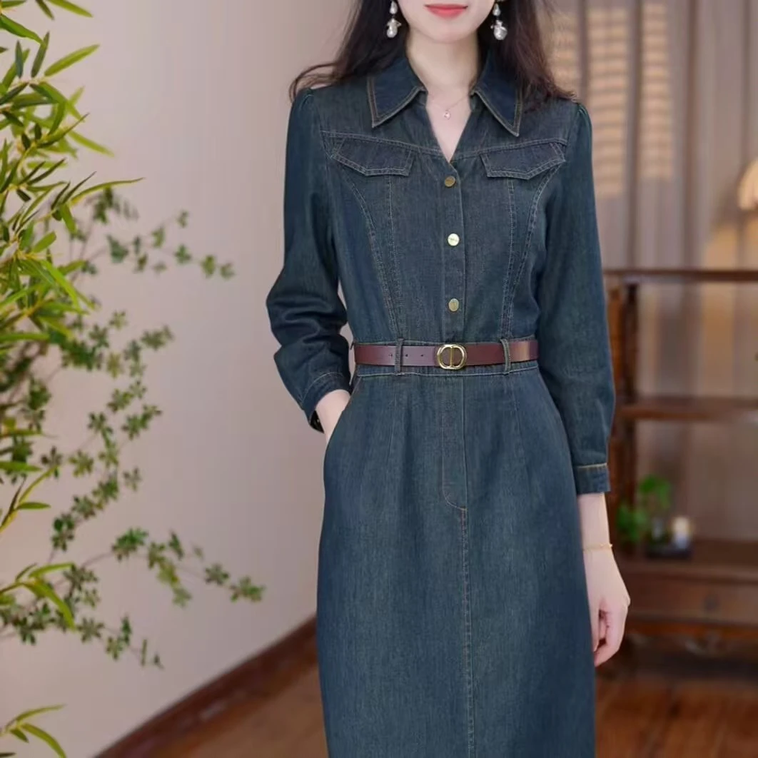 2024新款复古蓝V领牛仔连衣裙