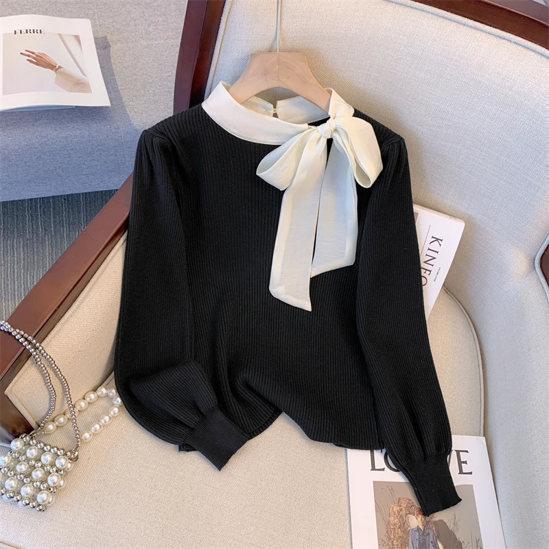 小香风丝带蝴蝶结气质针织衫女秋冬新款修身显瘦泡泡袖打底衫上衣