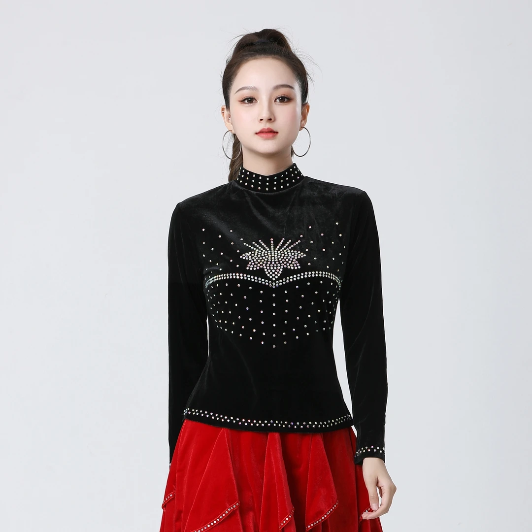 丝绒舞蹈服长袖上衣显瘦广场舞时尚三步踩服装秋冬百搭黑色带钻