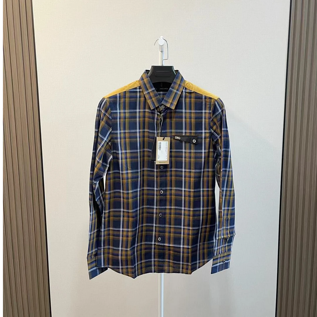 全新未使用  /Dsquared2蓝黄格纹口袋Logo灯芯绒拼接休闲长袖衬衫
