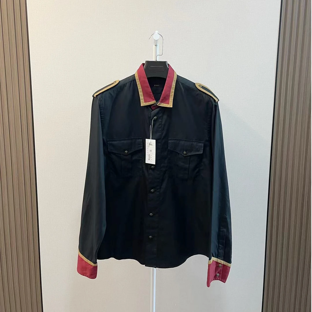 GUCCI/古驰/99新/黑色拼接口袋金属logo长袖衬衫/尺码43