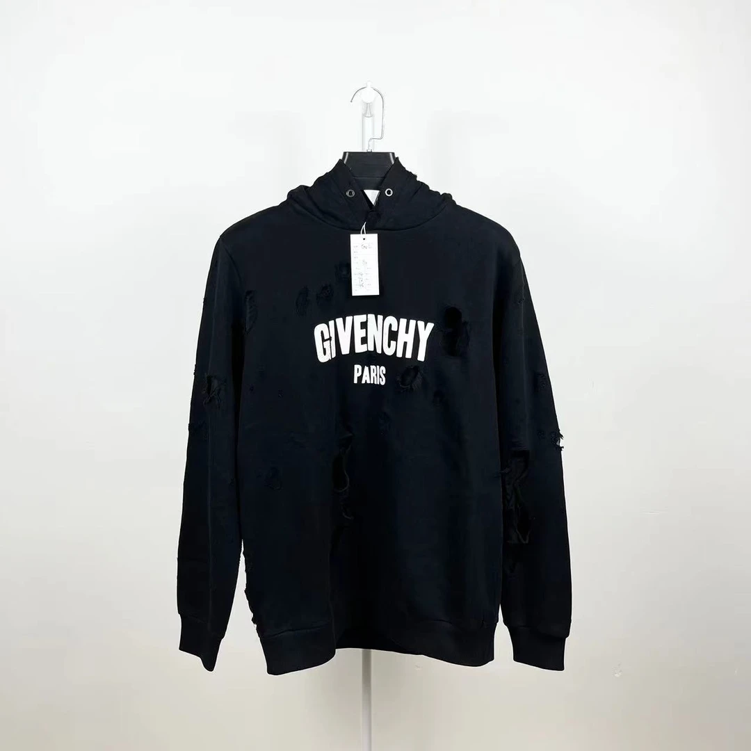 99新 Givenchy/纪梵希 /黑色大破洞长袖帽衫/尺码S