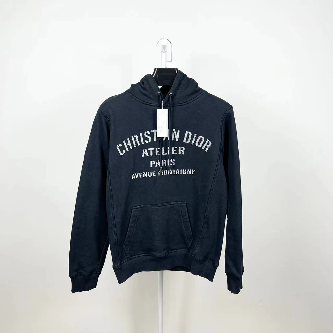 95新 DIOR/迪奥 /深蓝色标语植绒logo休闲帽衫/尺码XS