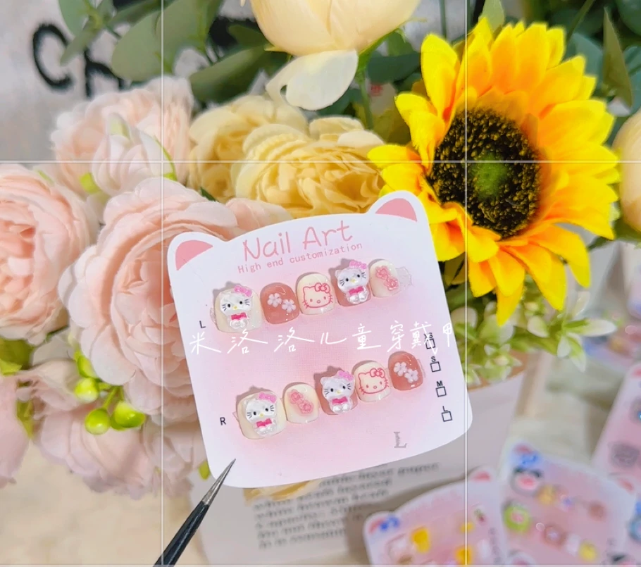 高级感kitty儿.童纯手工可爱美甲穿戴甲片女童美甲片粉色贴片定制
