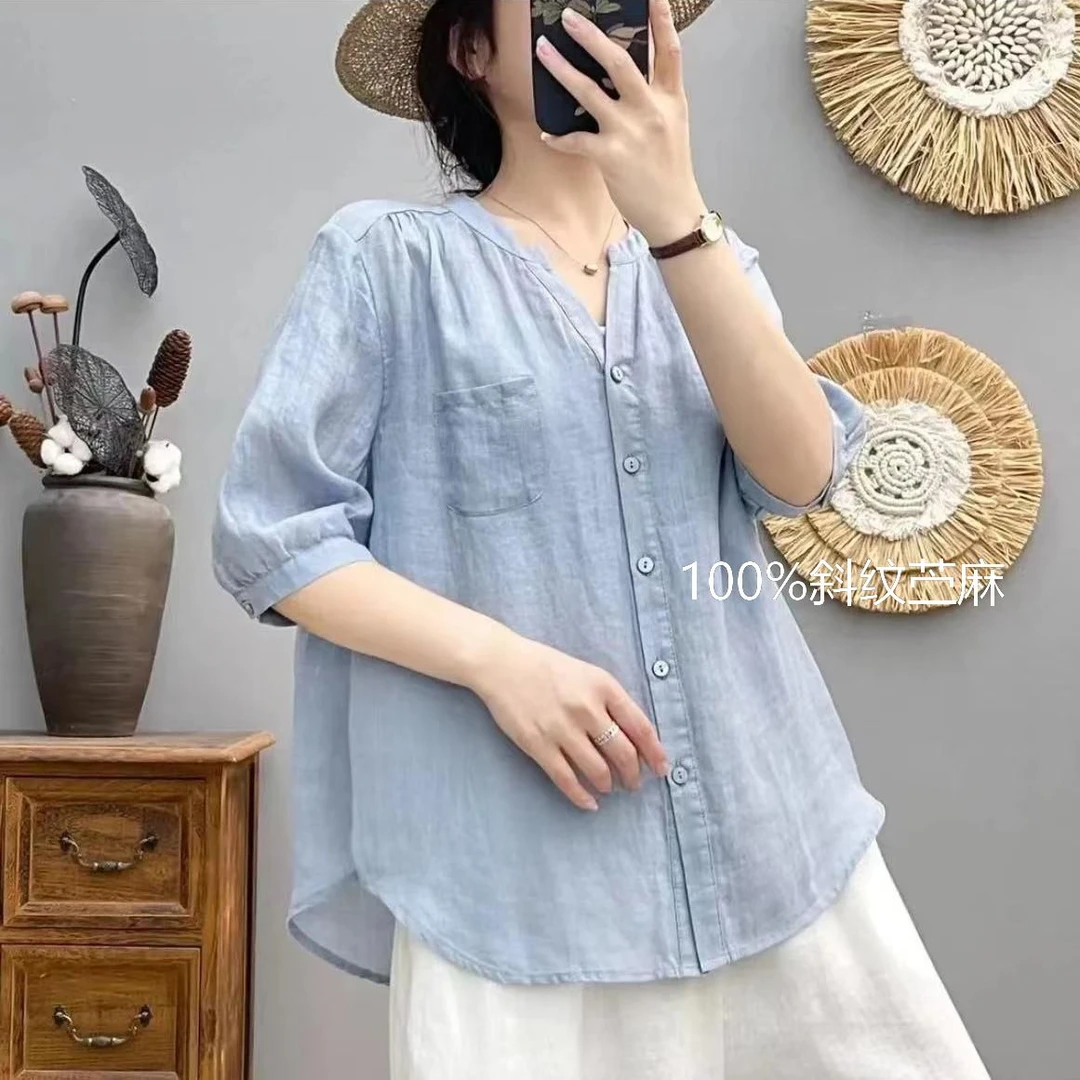 【100苎麻】夏季高端苎麻短袖衬衫女复古文艺休闲宽松上衣
